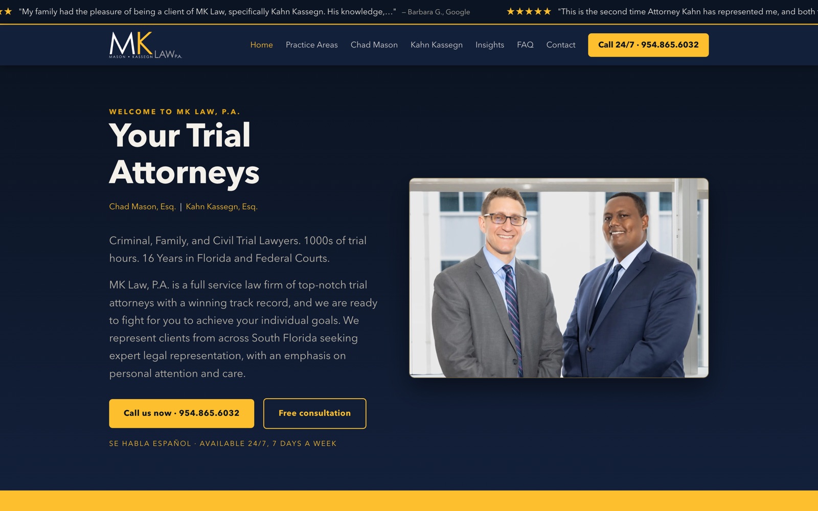 MK Law, P.A. website on desktop
